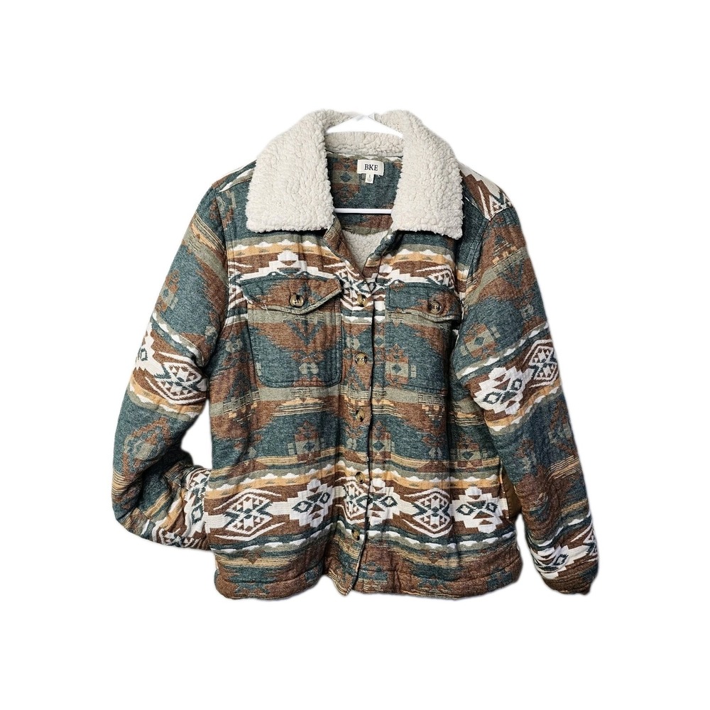 BKE Jacket Womens Large Multicolor Aztec Sherpa Lined Flannel Bomber Western EUC